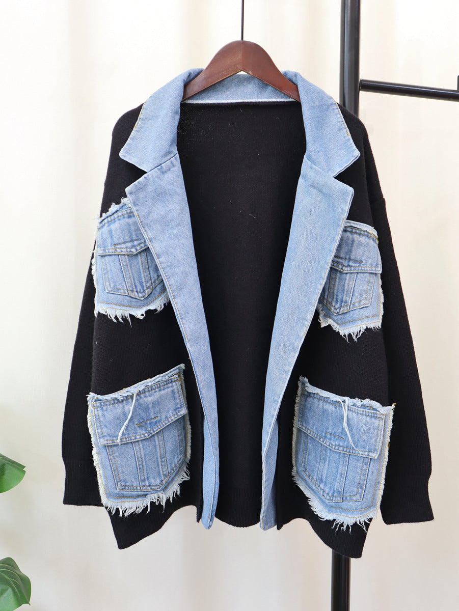 Women's Patchwork Cardigan Sweater | Flip Collar, One Size, 3 Colors
