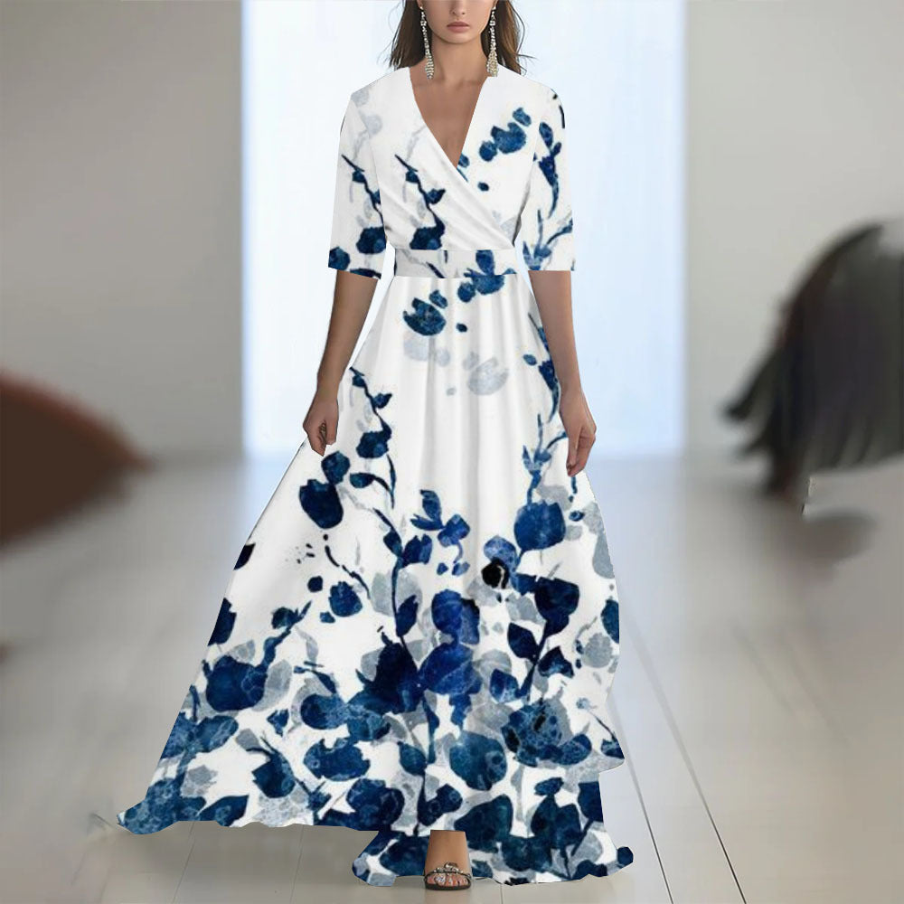 Women's Floral Print Long Sleeve Maxi Dress | A-Line, 10 Colors - Rose Red