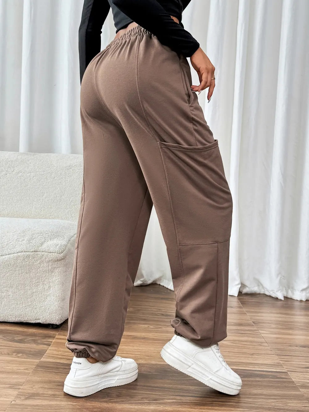 Women's Taupe Tied Joggers | Cotton Blend with Pockets
