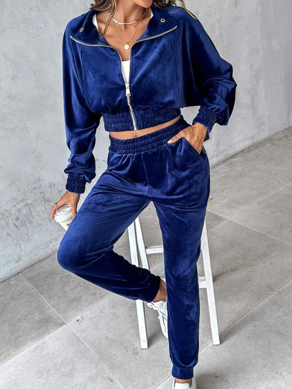 Zip Up Long Sleeve Cropped Top and Joggers Set - Deep Teal