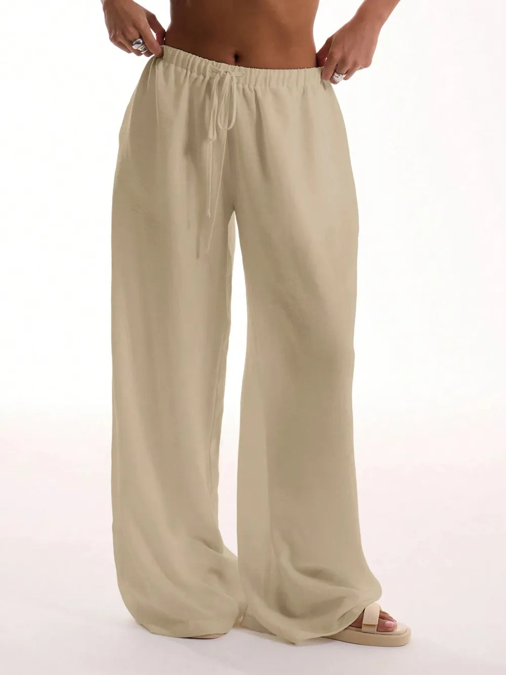 Women's Drawstring Wide Leg Pants | Pockets, 4 Colors - White