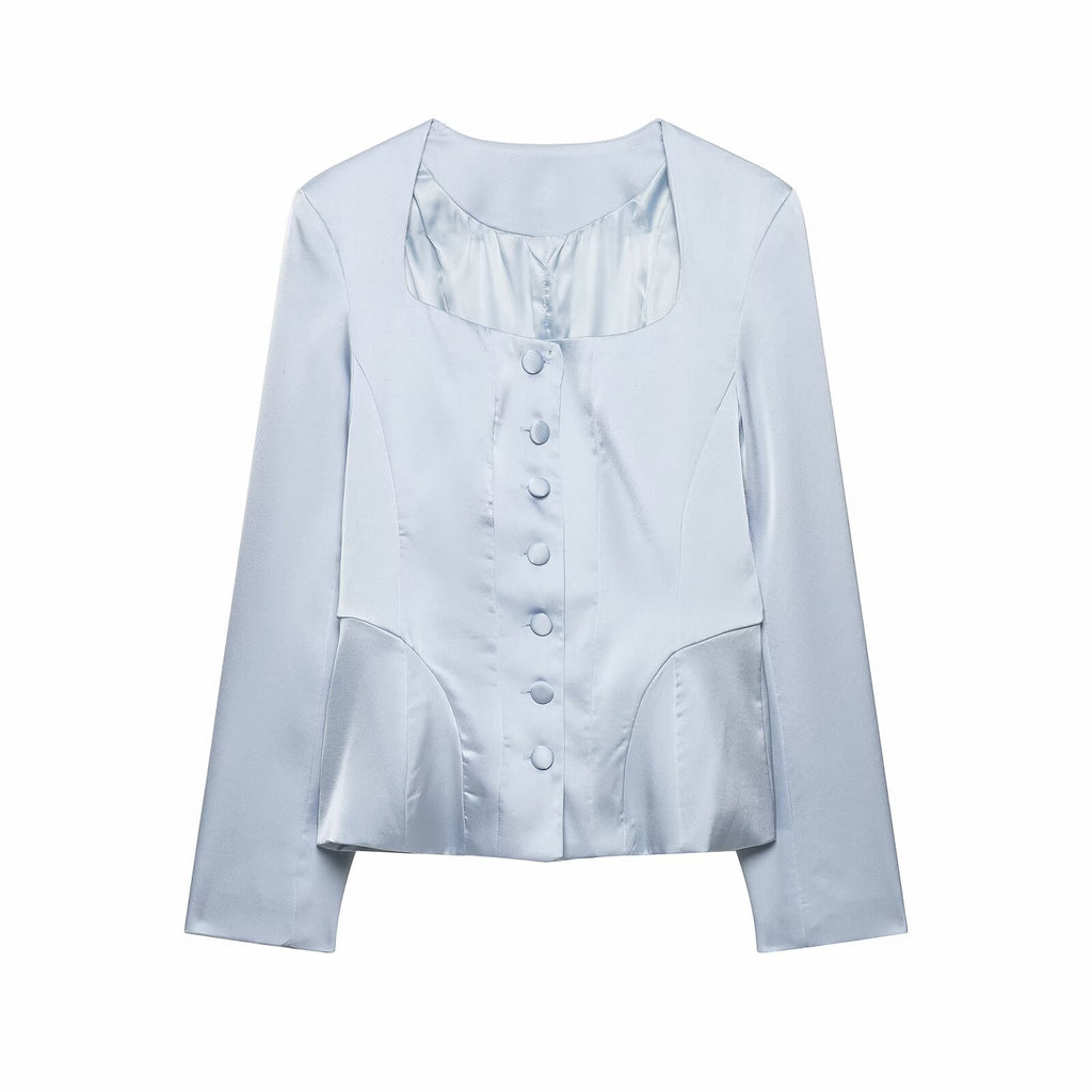 Women's Square Collar Jacket & Shorts Set | Light Blue