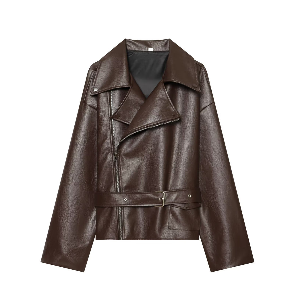 Women's Faux Leather Blazer Jacket | Notch Lapel, Dark Red