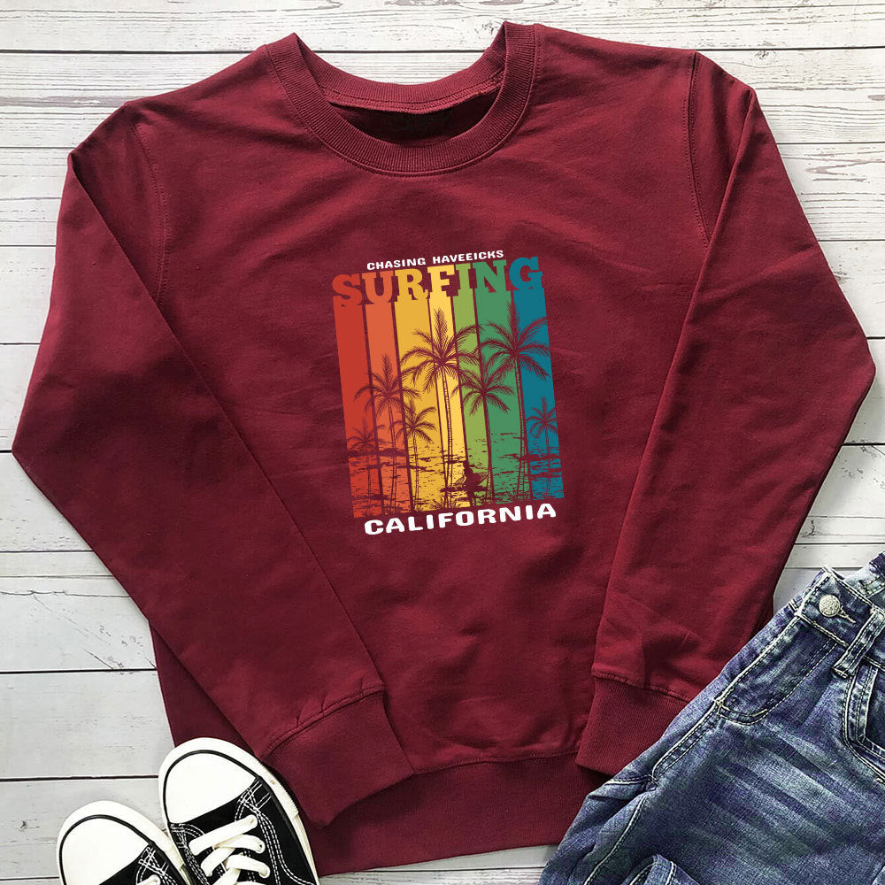 Women's Printed Crewneck Hoodie | Loose Cotton Pullover, 7 Colors