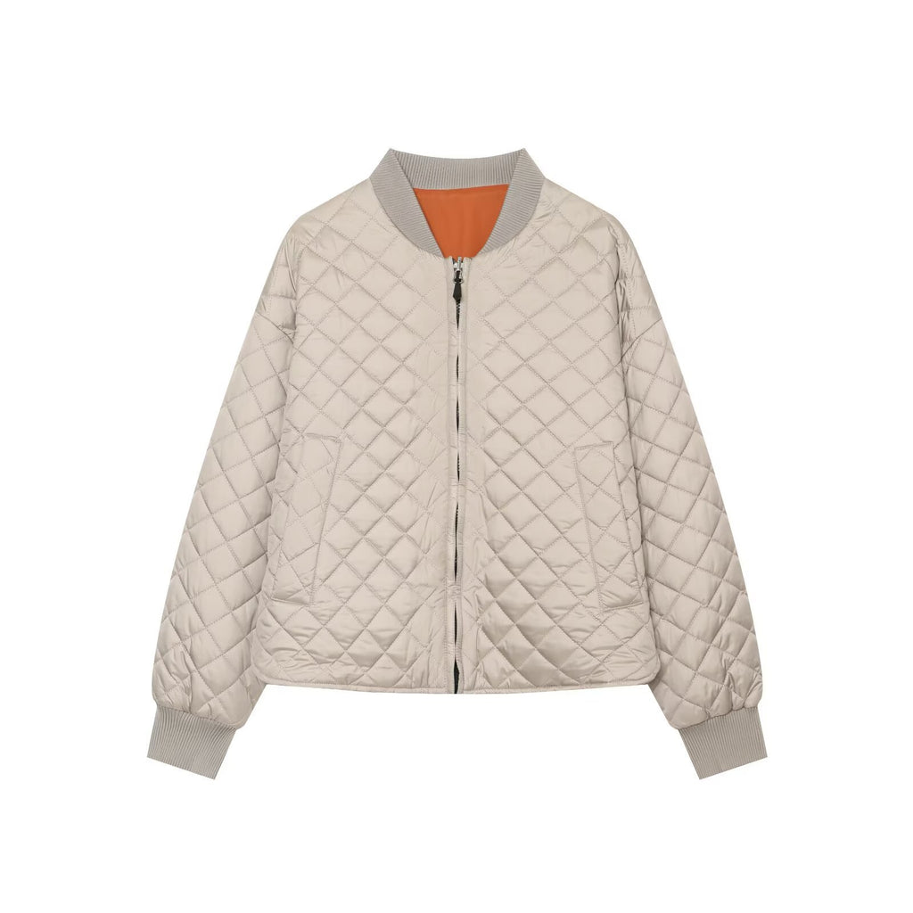 Women's Diamond Pattern Zip Jacket | Stand Collar, Beige & Black - Beige