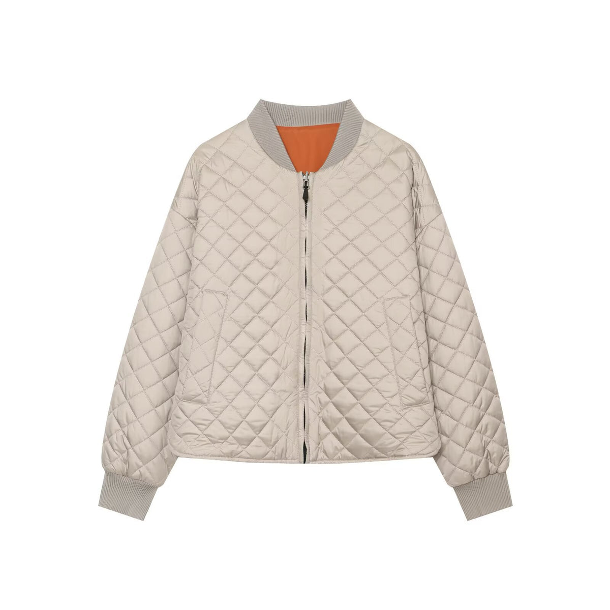 Women's Diamond Pattern Zip Jacket | Stand Collar, Beige & Black - Beige
