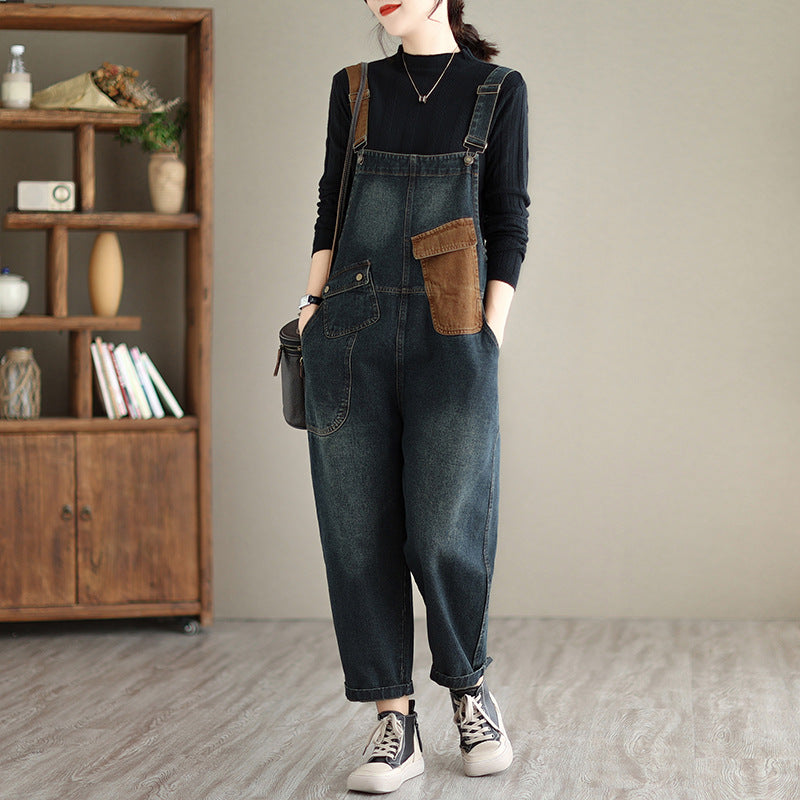 Women's Color Block Denim Overalls Jumpsuit | High Waist, Loose Fit
