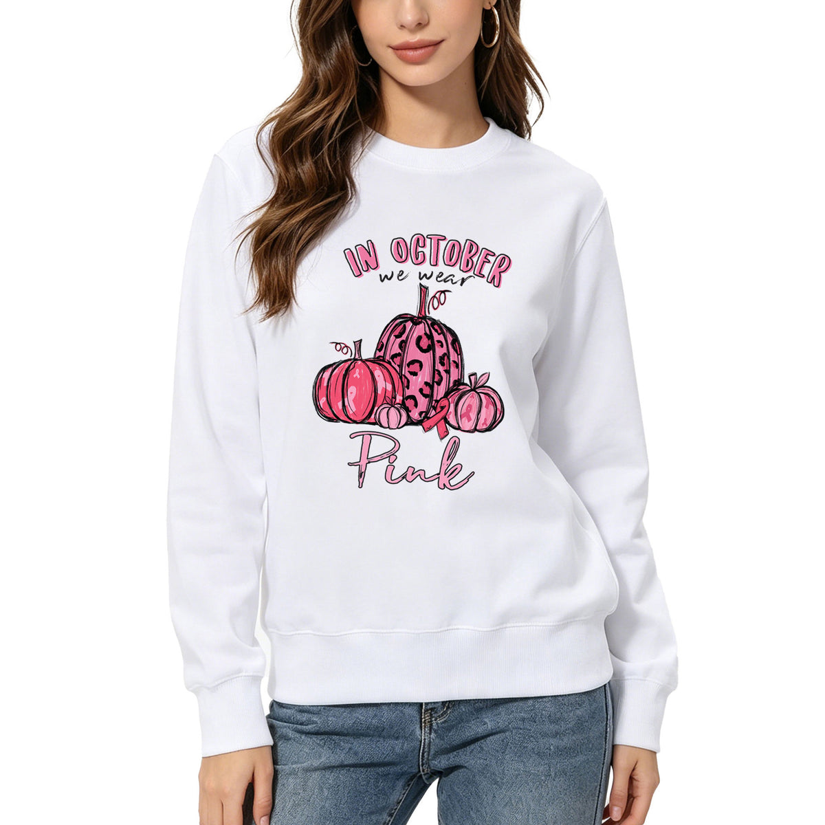 Printed Crew-Neck Hoodie | Street Style - White