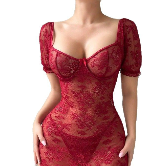 Women's Sheer Lace Bodycon Lingerie Dress | Wine Red, Black