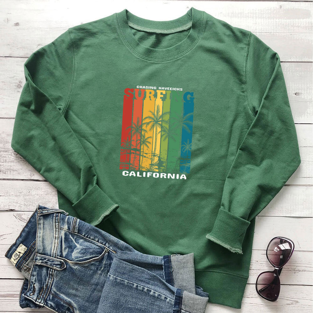 Women's Printed Crewneck Hoodie | Loose Cotton Pullover, 7 Colors