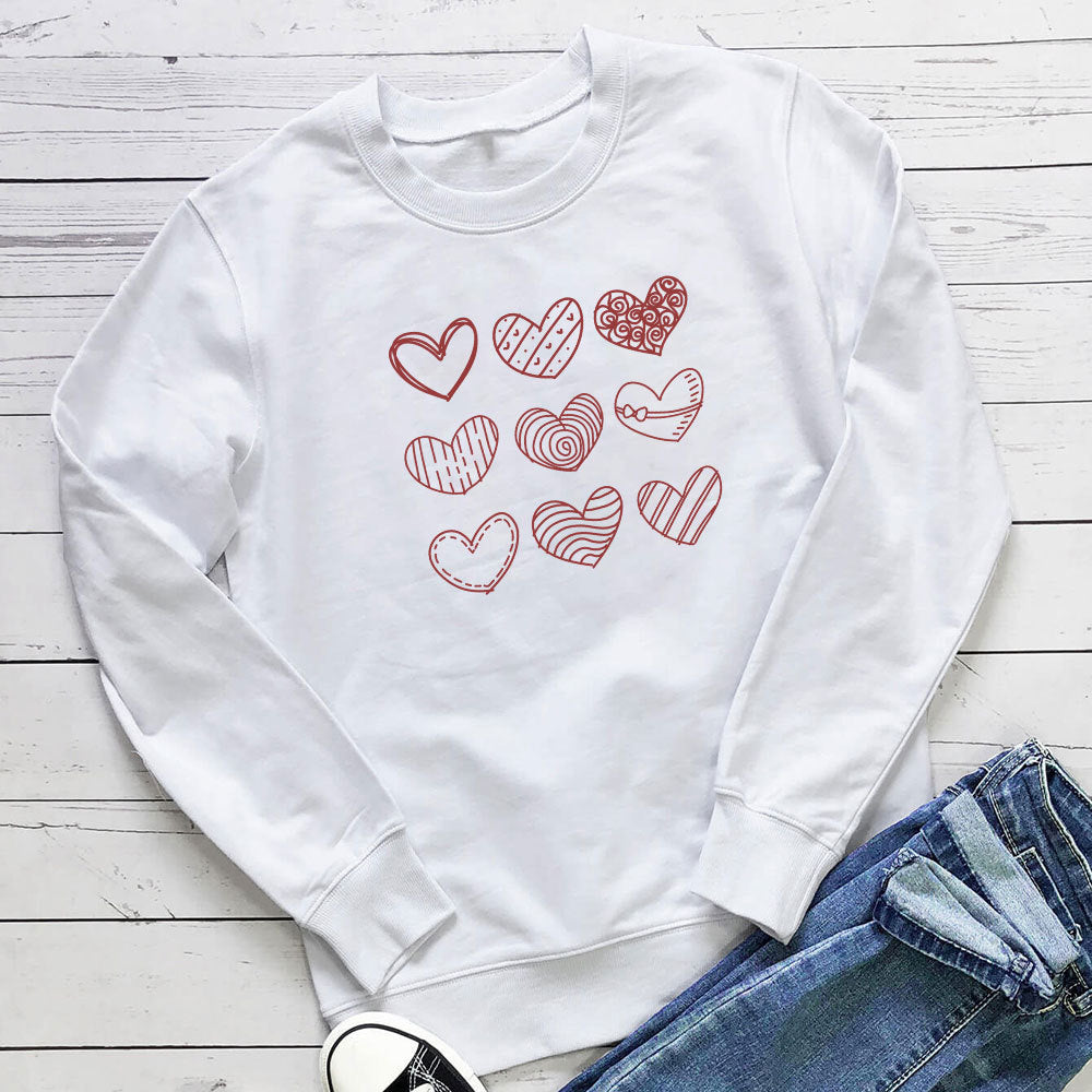 Women's Heart Print Cotton Sweatshirt | Loose Fit, Long Sleeve