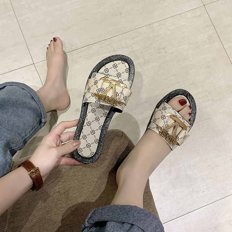 Women's Flat Flip Flop Sandals | Metal Letter Detail, 3 Colors