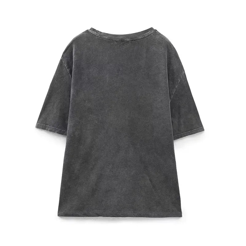 Women's Dark Gray Print T-Shirt | Cotton, Loose O-Neck