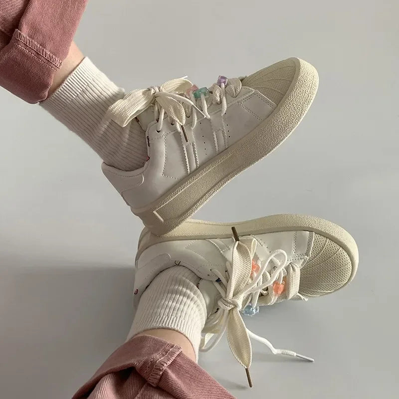 Women's White Chunky Platform Sneakers | Lace-Up, PU Upper