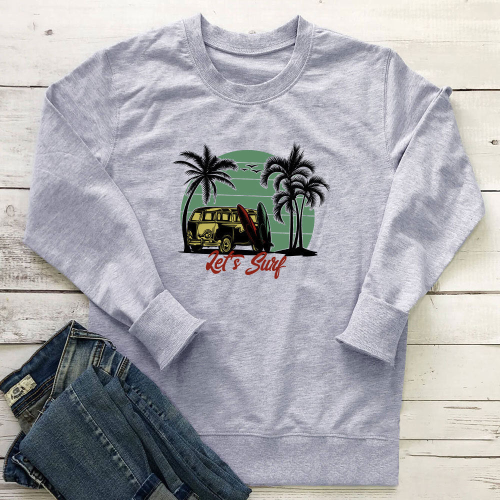 Bus Print Graphic Sweatshirt for Women | Loose Cotton Crewneck