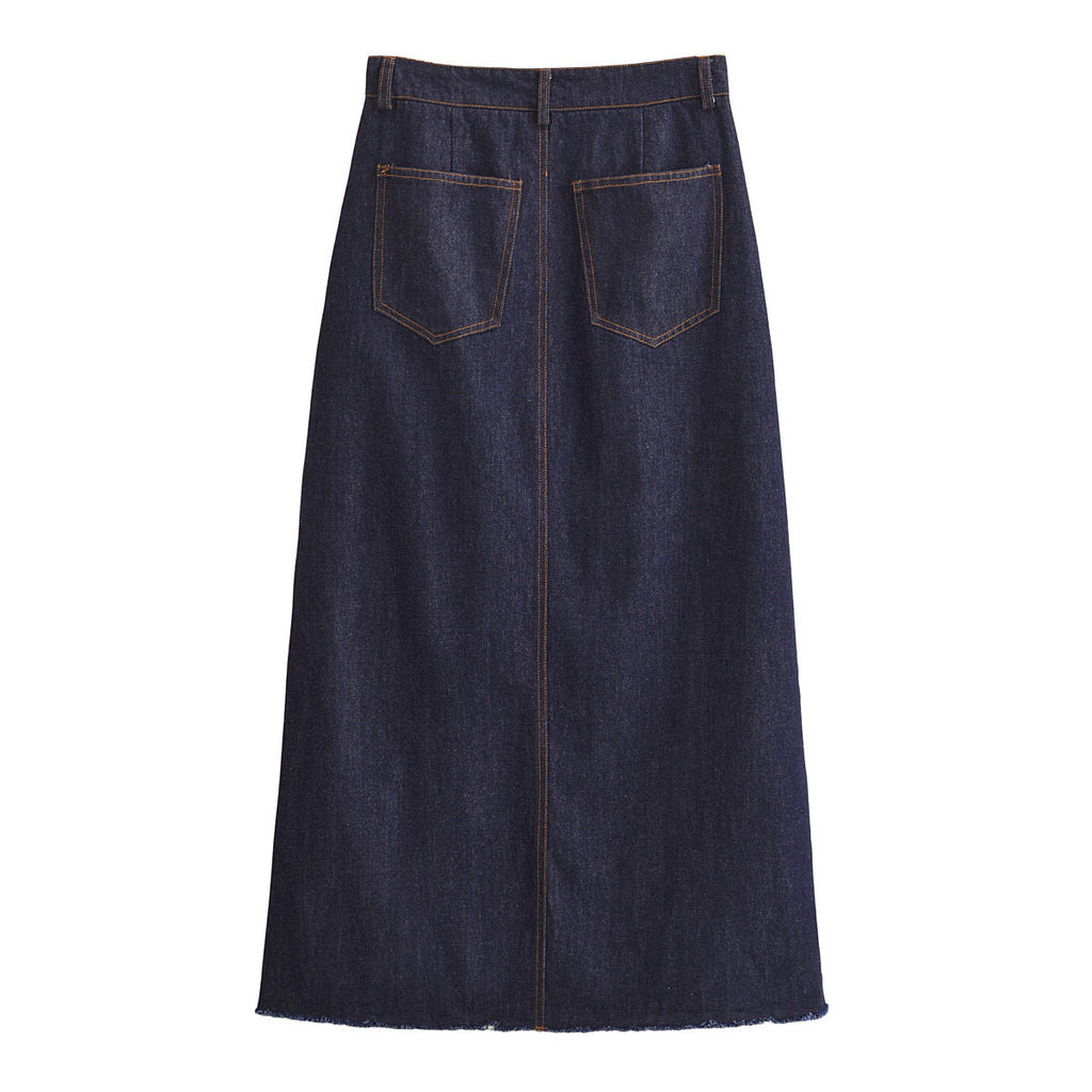 Women's Blue Denim Midi Skirt | Patchwork, Non-Stretch