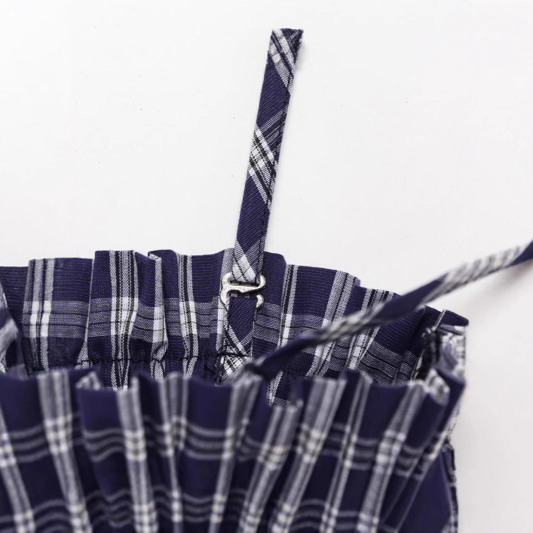Women's Blue & White Plaid Strapless Dress | Cotton, Pleated