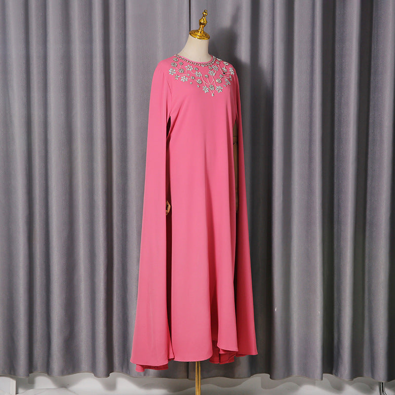 Women's Pink Cape Dress | Long-Sleeve with Rhinestone Detail, One Size
