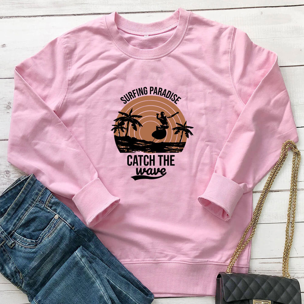 Women's Surfing Paradise Letter Print Hoodie | Cotton, 7 Colors