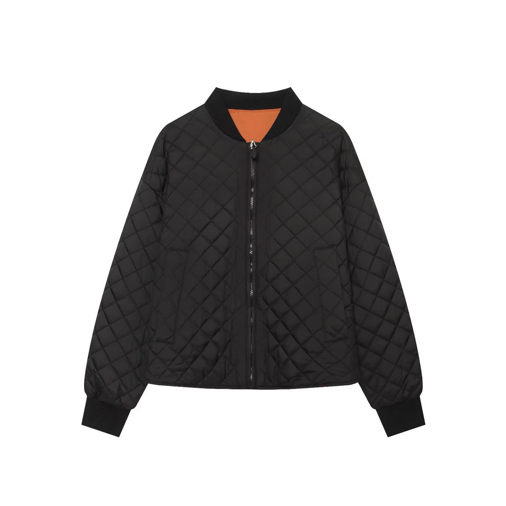 Women's Diamond Pattern Zip Jacket | Stand Collar, Beige & Black - Beige