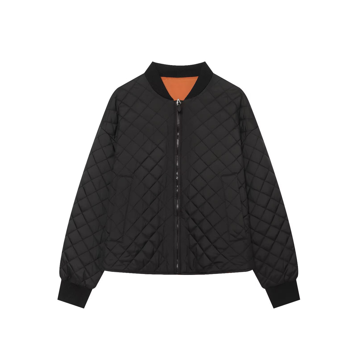 Women's Diamond Pattern Zip Jacket | Stand Collar, Beige & Black - Beige