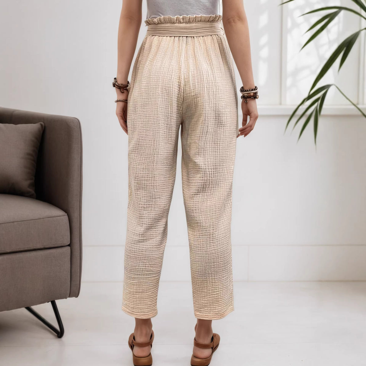 Women's Khaki Wide Leg Tie Pants | Rayon, Straight Fit
