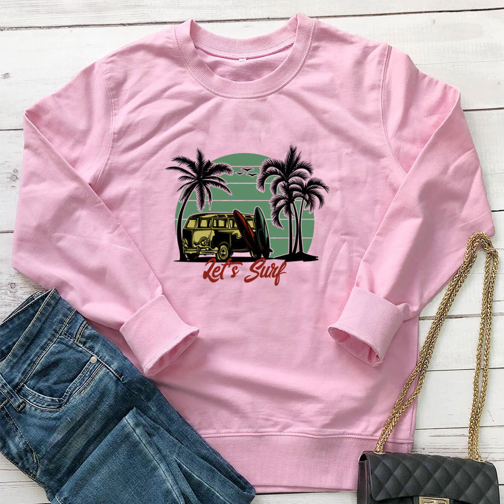 Bus Print Graphic Sweatshirt for Women | Loose Cotton Crewneck