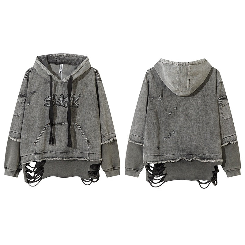 Women's Gray Distressed Print Hoodie | Cotton Blend, Loose Fit