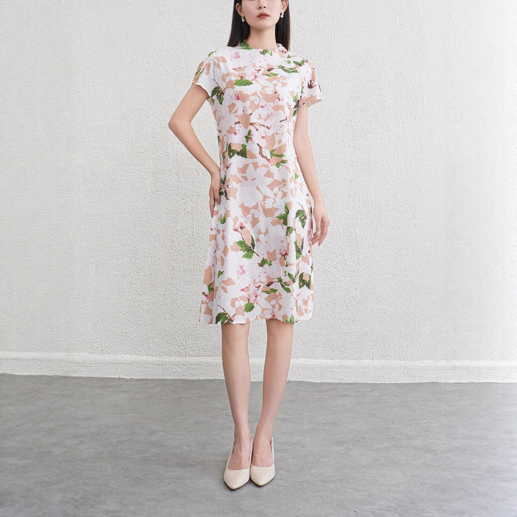 Women's Floral Pleated Midi Dress | Short Sleeve, Round Neck - Pink