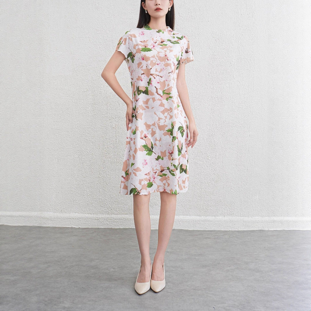Women's Floral Pleated Midi Dress | Short Sleeve, Round Neck - Pink