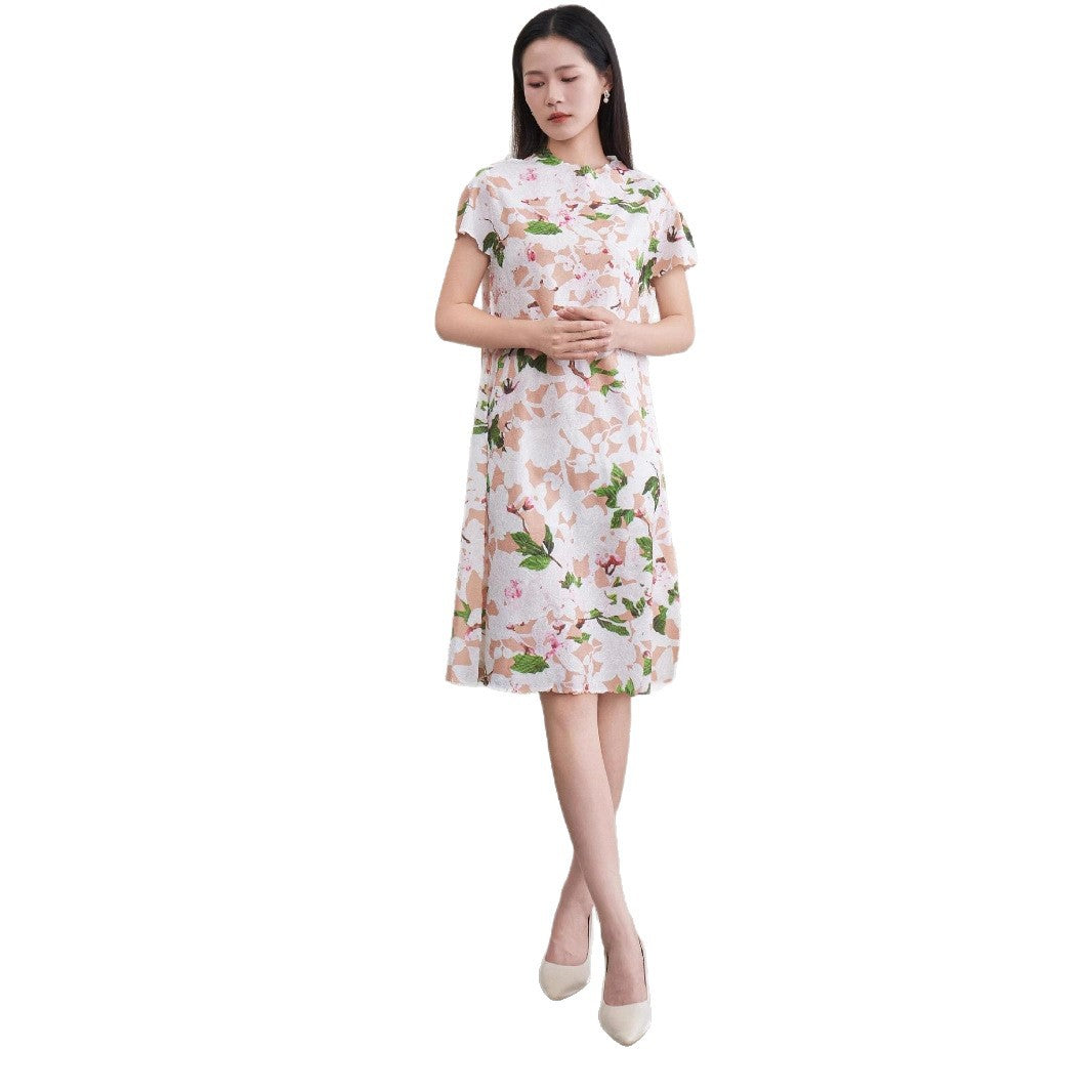 Women's Floral Pleated Midi Dress | Short Sleeve, Round Neck