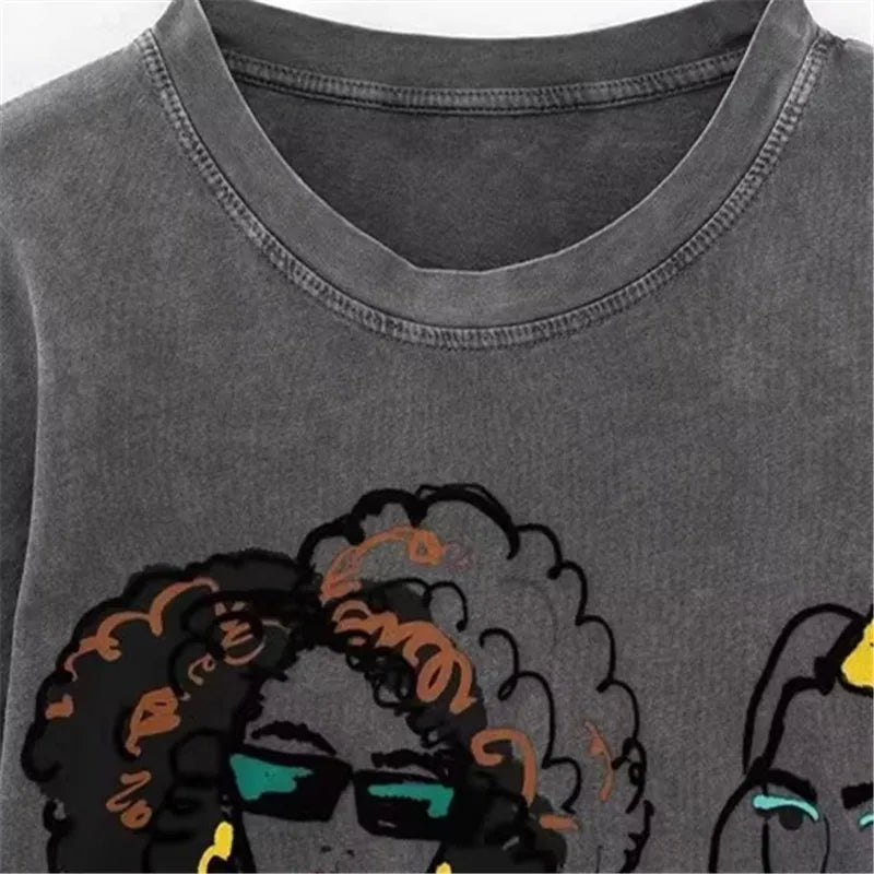 Women's Dark Gray Print T-Shirt | Cotton, Loose O-Neck