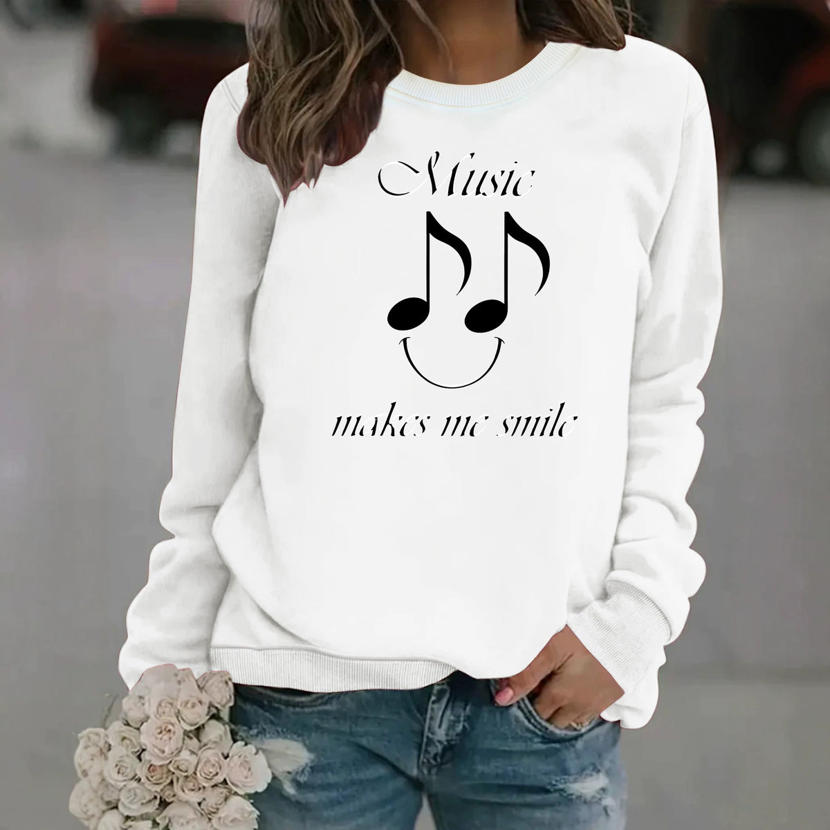 Women's Printed Fleece Hoodie | Round Neck, Loose Fit, 7 Colors - White
