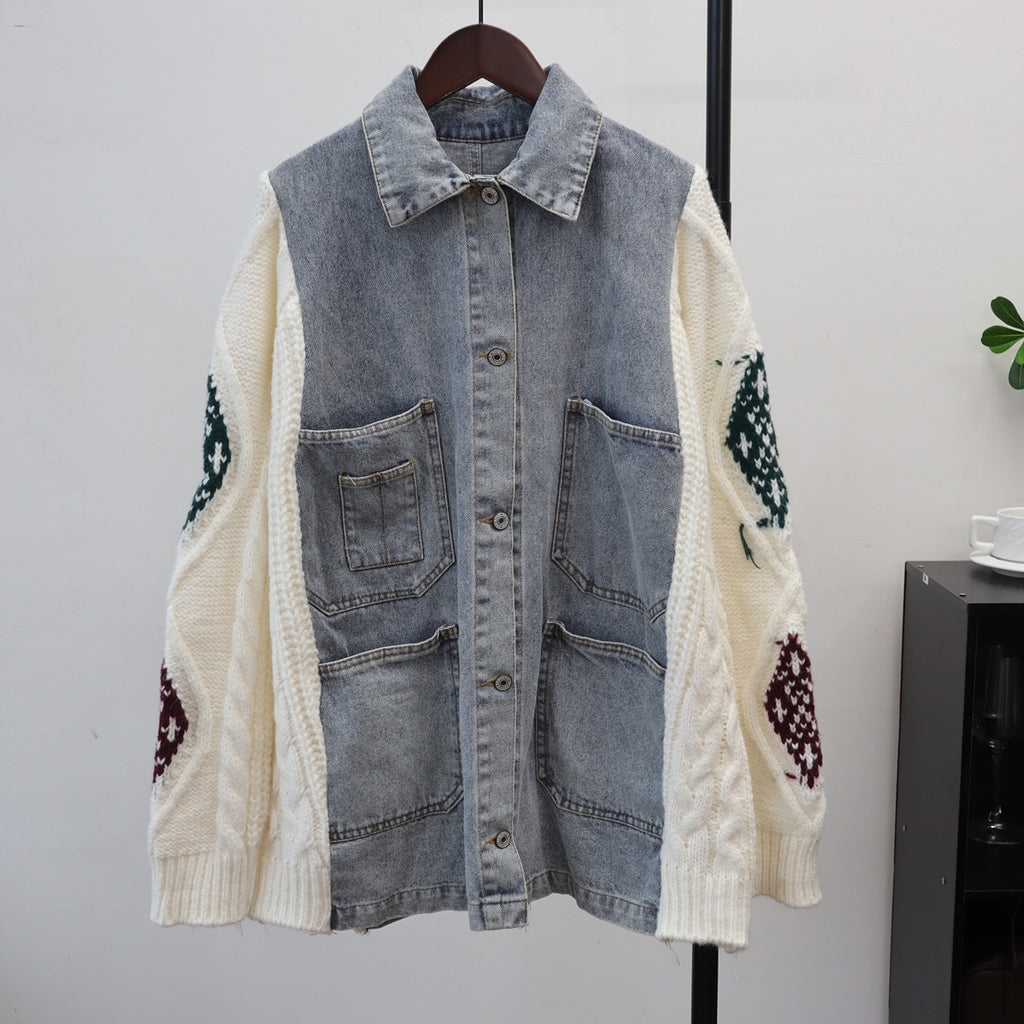 Women's Color Block Flip Collar Jacket | Loose Fit, One Size