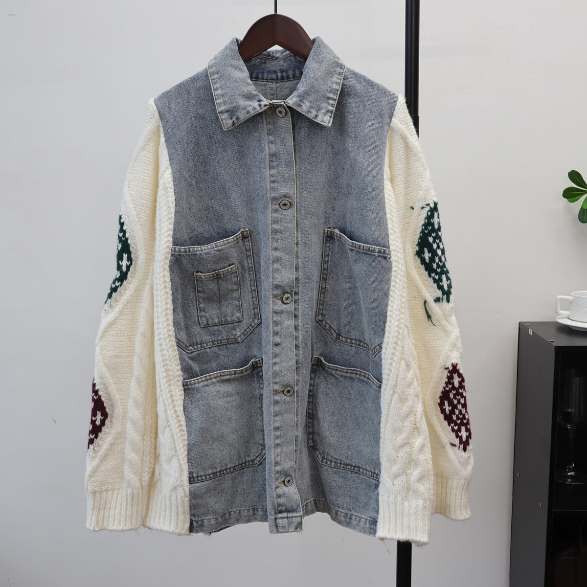 Women's Color Block Flip Collar Jacket | Loose Fit, One Size