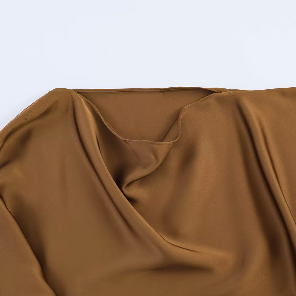 Women's Satin Asymmetric Layered Dress | Long Sleeve, Dark Brown