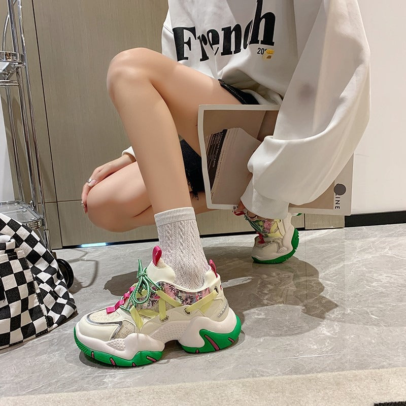 Women's Mesh Chunky Platform Sneakers | Lace-Up, Green or Pink