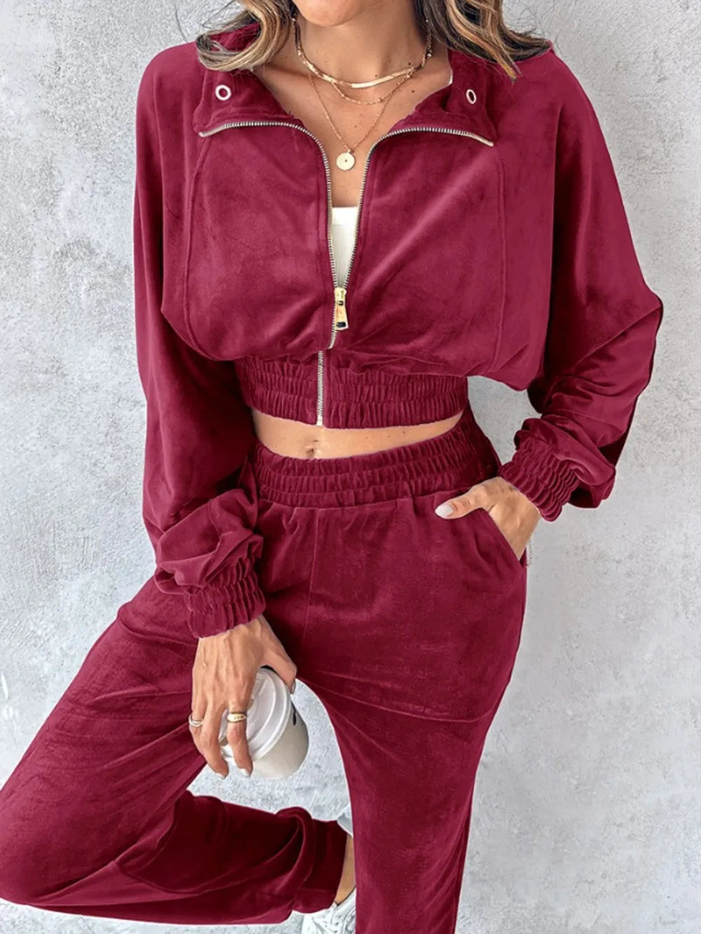 Zip Up Long Sleeve Cropped Top and Joggers Set - Burgundy