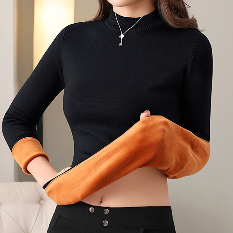 Women's Velvet-Lined Thermal Sweater | O-Neck, One Size, 10 Colors