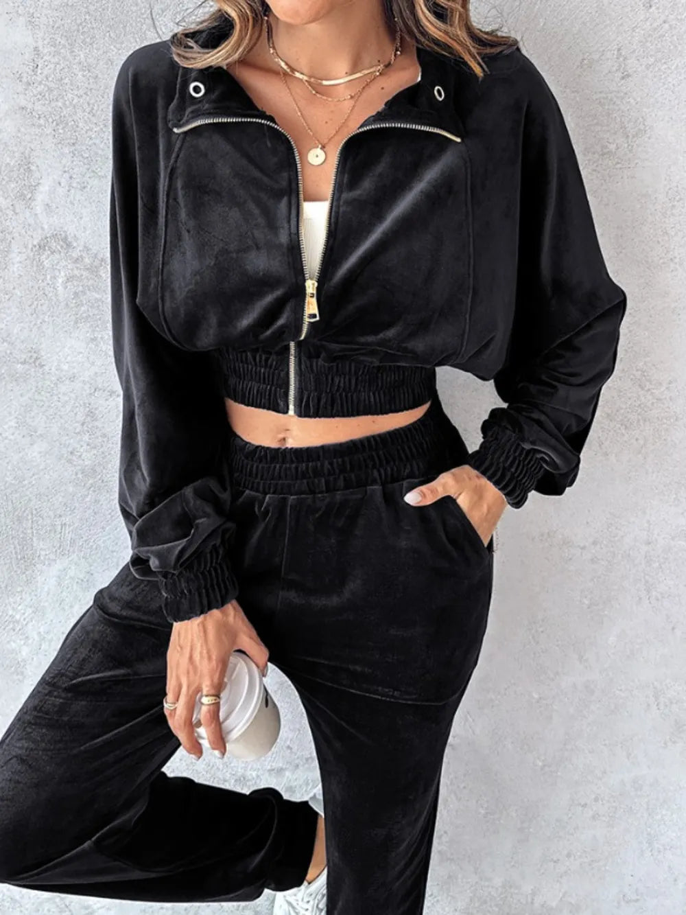 Zip Up Long Sleeve Cropped Top and Joggers Set - Burgundy