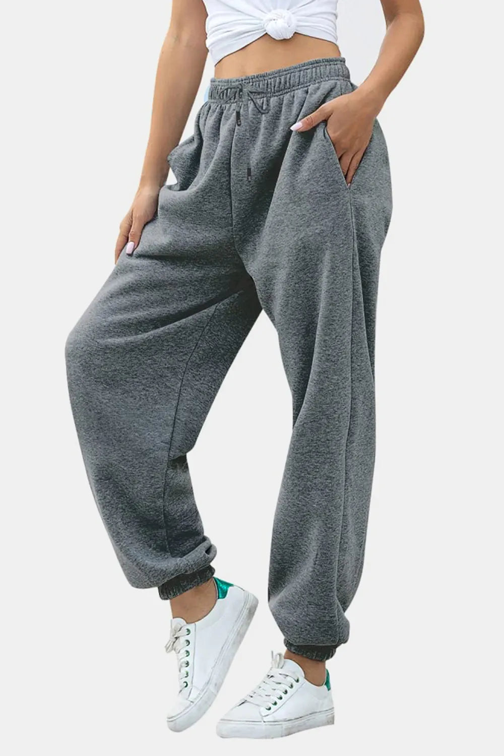 Women's High-Waist Drawstring Joggers | Pockets, Black/Gray/Tan