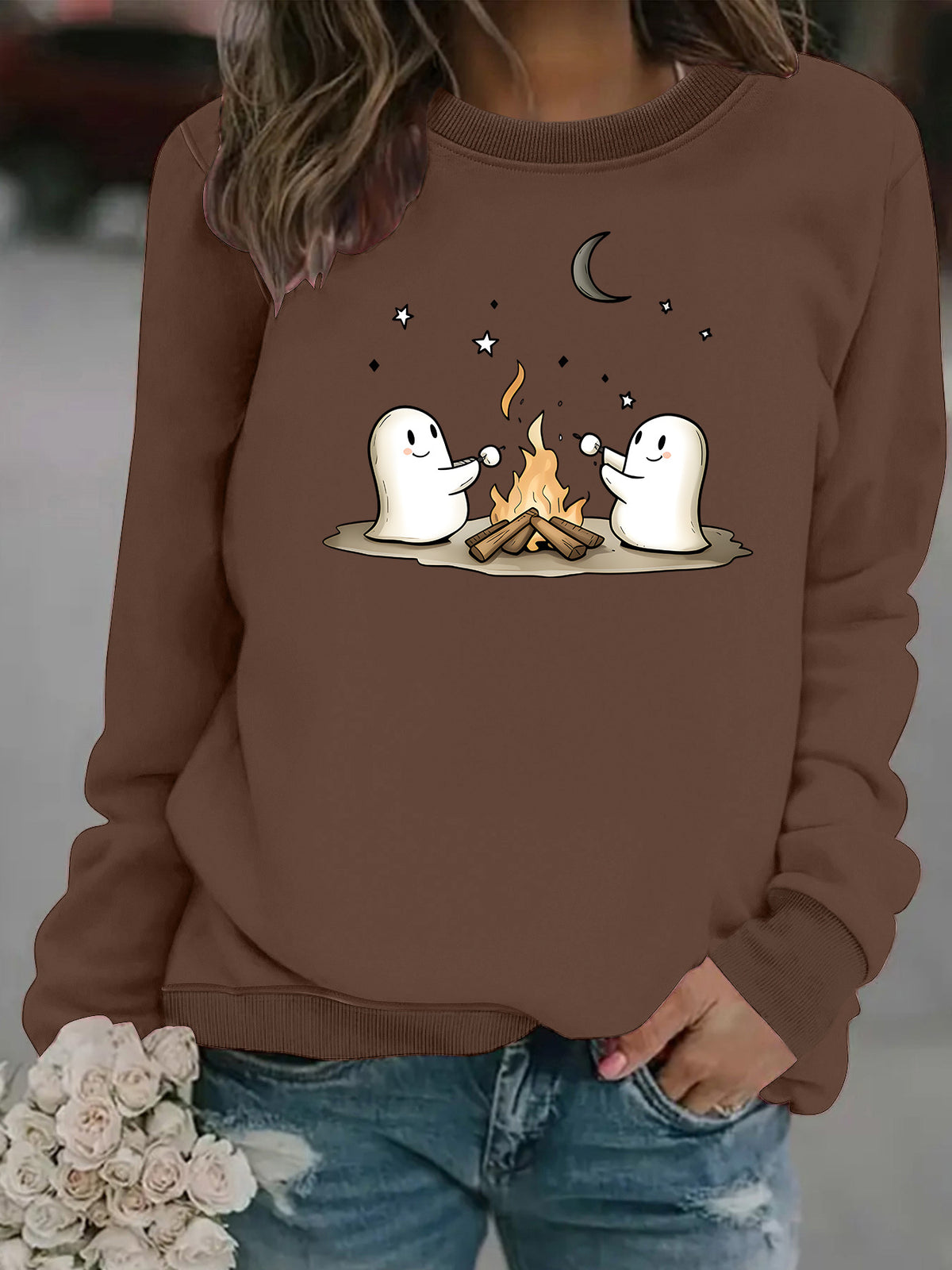 Printed Round-Neck Fleece Hoodie for Women - Black