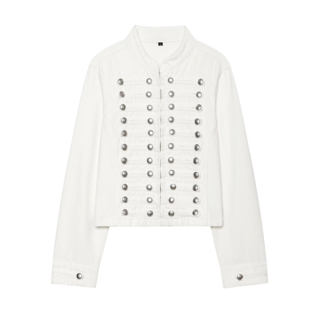Women's Long Sleeve Denim Jacket | Stand Collar, Button Trim - White