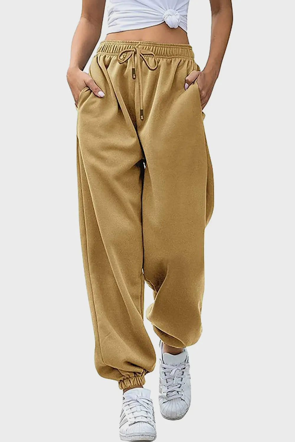 Women's High-Waist Drawstring Joggers | Pockets, Navy/Olive/Pink - Army Green