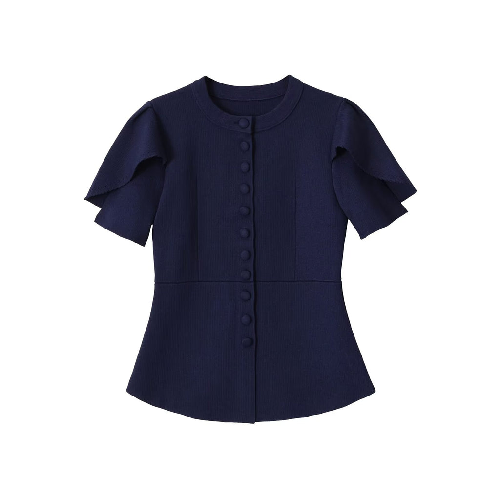 Women's Puff Sleeve Knit Sweater Jacket | Round Neck, 2 Colors - Dark Blue