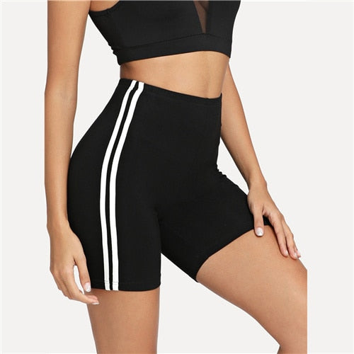 Women's Black Biker Shorts | Contrast Side Stripe, Stretch Rayon