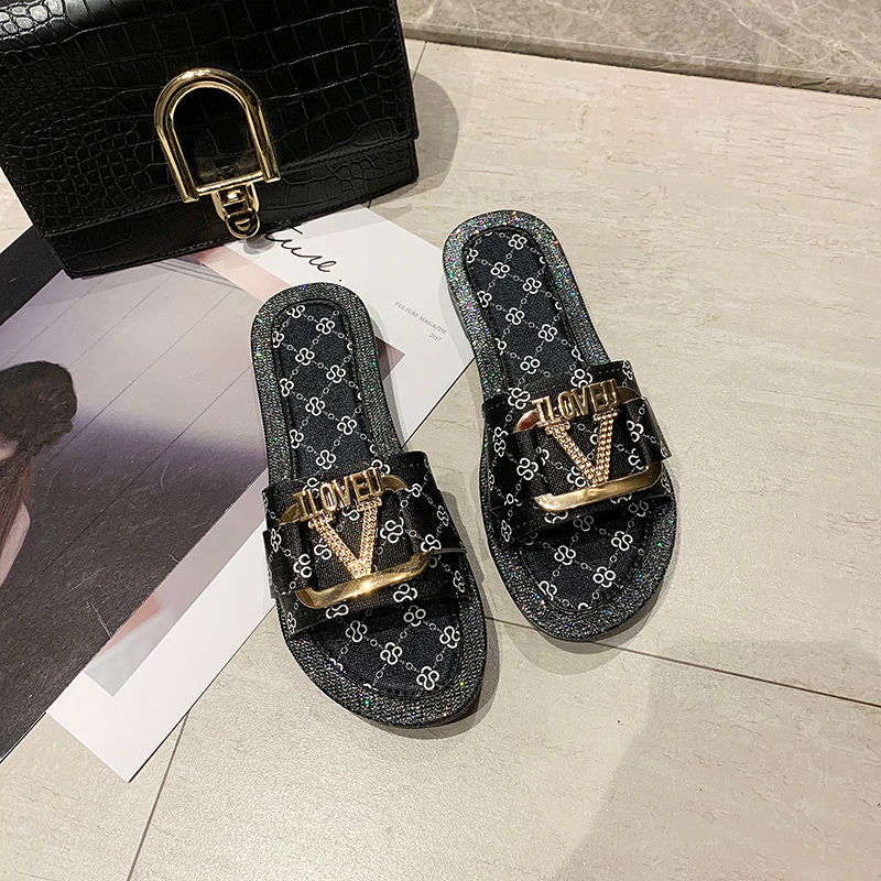 Women's Flat Flip Flop Sandals | Metal Letter Detail, 3 Colors