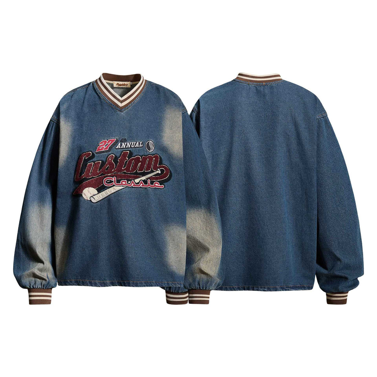 Women's Blue Distressed Embroidered Letter Hoodie | Cotton, Loose Fit