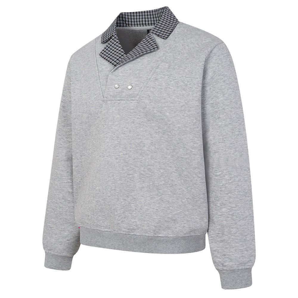 Faux Two-Piece Cross Collar Sweatshirt | Button Detail, Grid Pattern - Gray