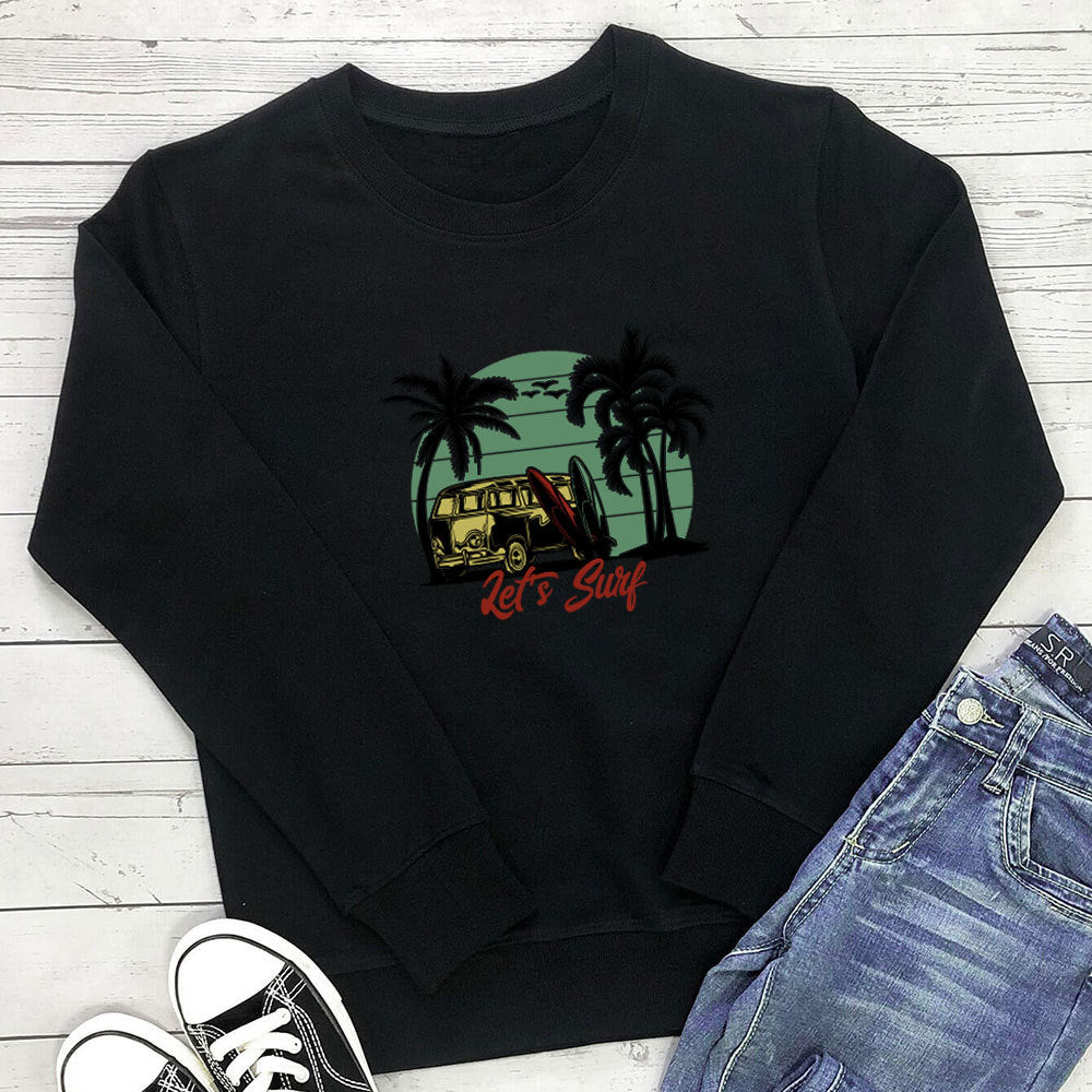 Bus Print Graphic Sweatshirt for Women | Loose Cotton Crewneck